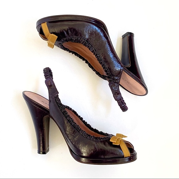 Marc Jacobs purple patent leather yellow gold bow peep toe slingback chunky heel - Picture 6 of 11